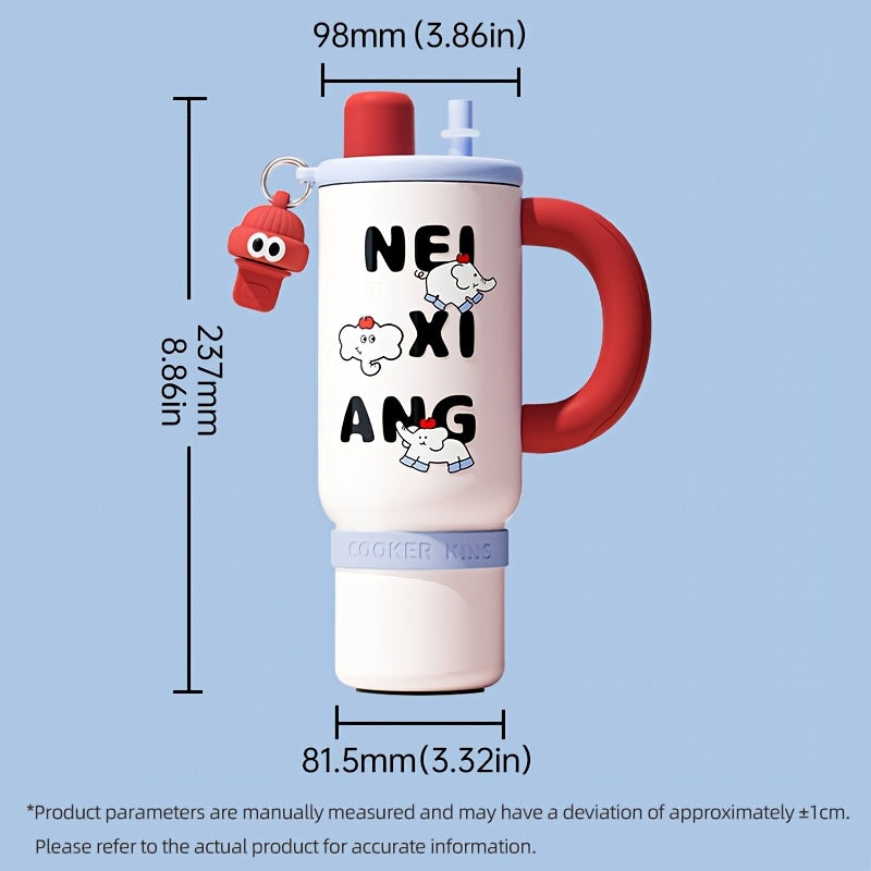 COOKER KING 1200Ml Insulated Cup Featuring a Handle & Straw, 40Oz 316 Stainless Steel Insulated Water Container, Dual Sip Leak-Resistant Travel Mug with Removable Tea Infuser, Adorable Cartoon Style