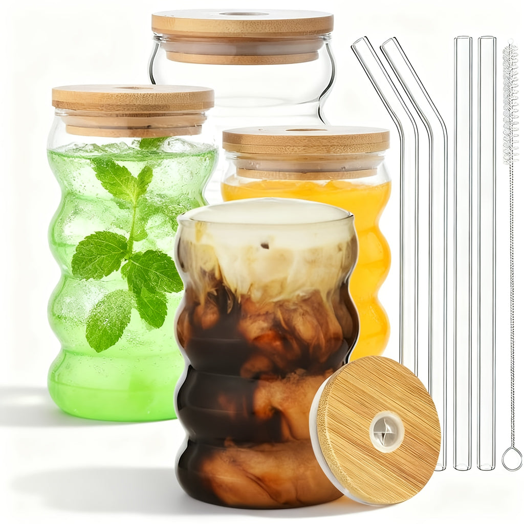 Set of 4 Unique Drinking Glasses Featuring Lids And Glass Straws, Transparent Cocktail Glassware, Wave-Shaped Bubble Cups, Charming Tumblers, Perfect for Iced Coffee, Water, Soda, Tea, And Beer, Great As a Gift - Includes a Cleaning Brush