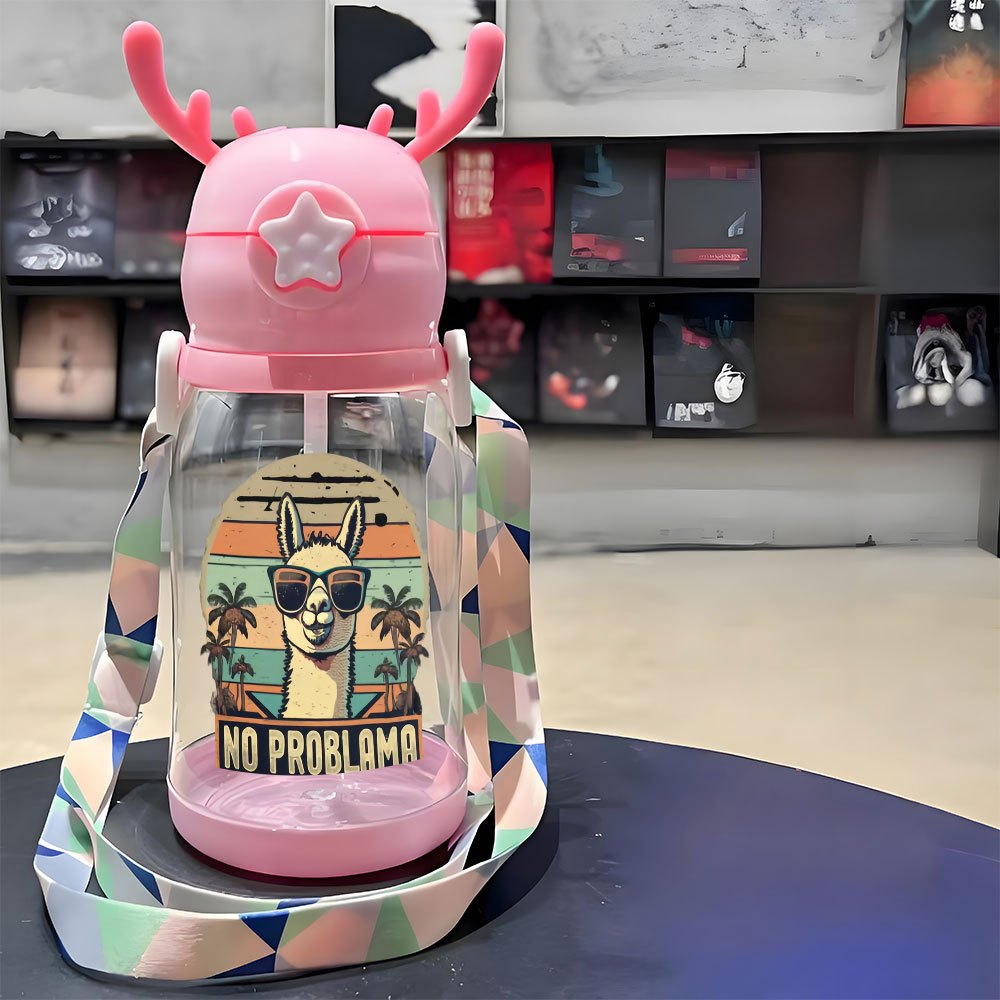 1pc, 20.29oz, Plastic Cup, Ostrich Pattern Wearing Fashion Glasses, Antler Water Cup, Plastic Bouncing Cup, Shoulder Strap, Water Bottle, Suitable for Outdoor, Sports, Fitness, Cycling Water Cup, Portable Straw Cup, Fruit Cup