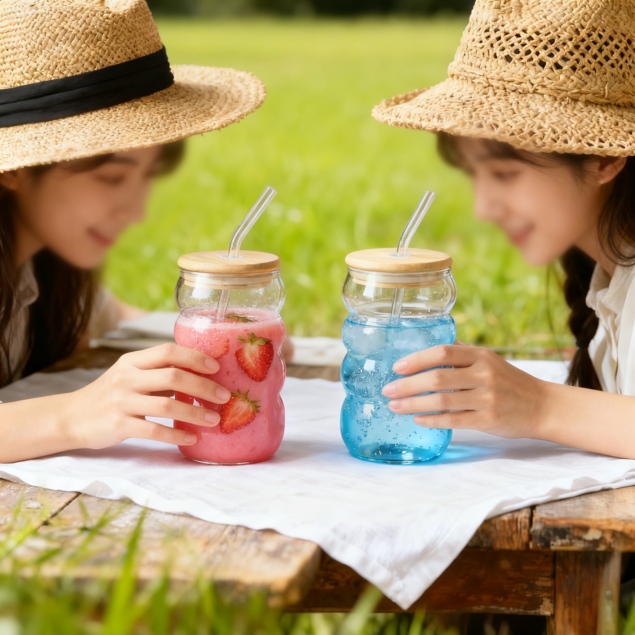 Set of 4 Unique Drinking Glasses Featuring Lids And Glass Straws, Transparent Cocktail Glassware, Wave-Shaped Bubble Cups, Charming Tumblers, Perfect for Iced Coffee, Water, Soda, Tea, And Beer, Great As a Gift - Includes a Cleaning Brush