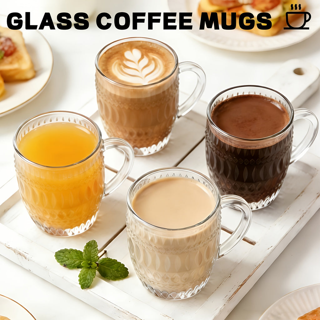 4pcs Aesthetic Textured Glass Coffee Mugs | Heat-Resistant, with Handle | Perfect for Latte, Cappuccino & Hot Chocolate | Reusable, Freezer Safe | Ideal for Home, Office, Daily Use & Couples Gift | Hand Wash Only