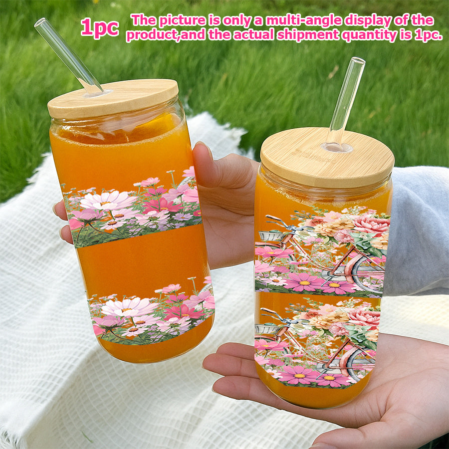 1pc, 16Oz Glass Cup Soda Can with Lid And Glass Straw, UV Printed Floral Design, Bicycle, Pink Pattern, Glass Coffee Cup Juice Drink Jar, Home Kitchen Party Tableware, Christmas Gift Thanksgiving Gift, Holiday Gift New Year Gift