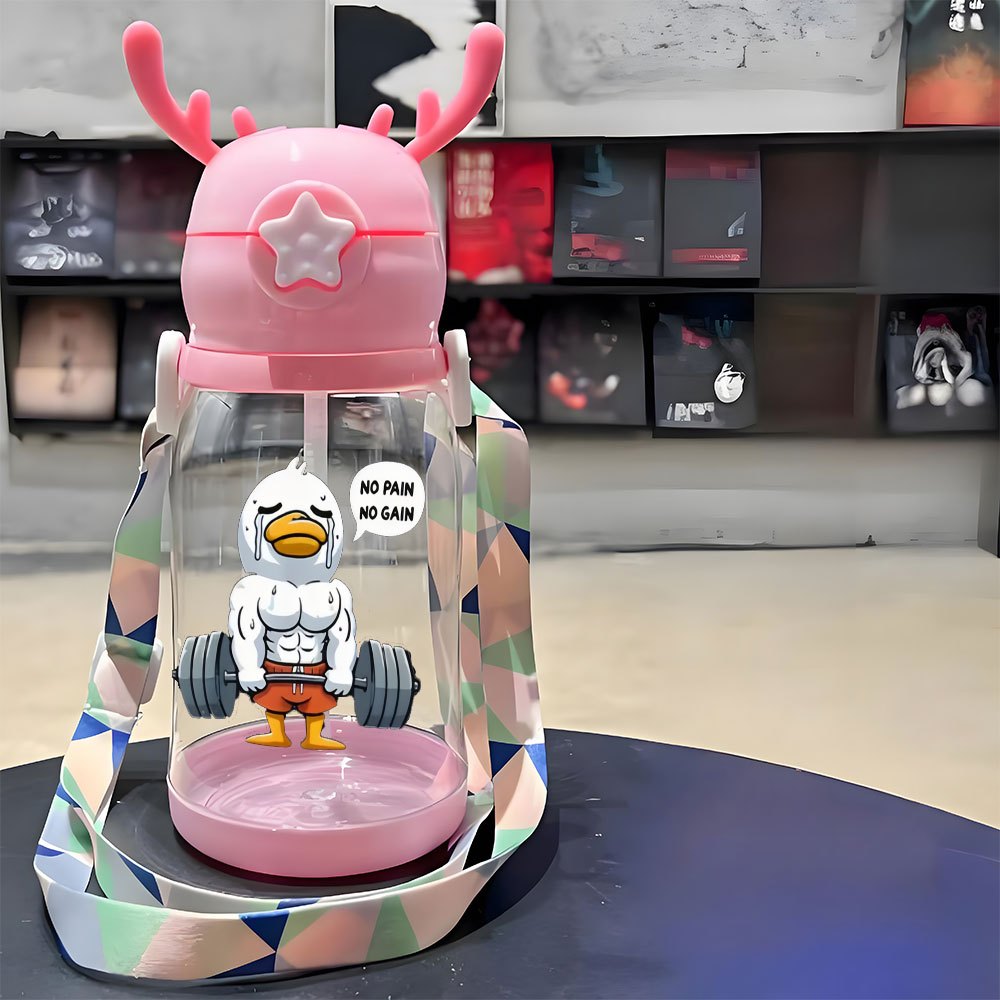 Christmas Thanksgiving 1pc, 20.29oz, Plastic Cup, Ducks Weeping in Fitness Designs, Antler Water Container, Plastic Bouncing Cup, Shoulder Strap, Water Bottle, Ideal for Outdoor Activities, Sports, Fitness, Cycling Water Container, Portable Straw Cup