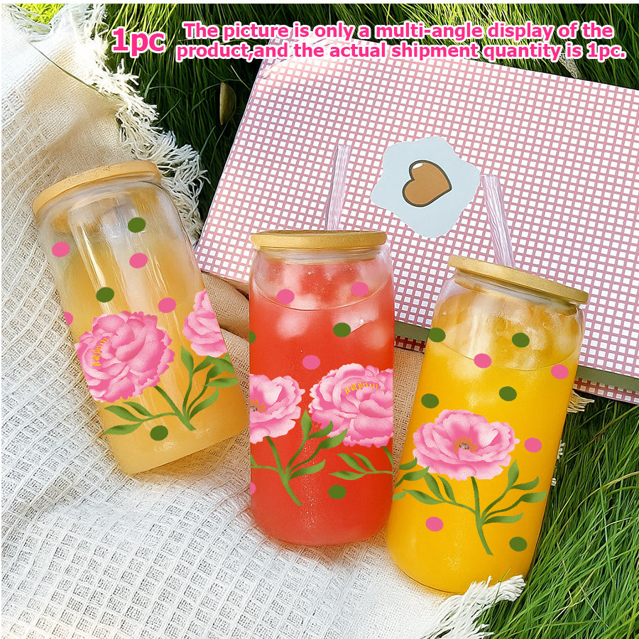 1pc, 16oz Glass Soda Can with Lid and Glass Straw, UV Printing, Pink Peony Flowers, Green Leaves, Colorful Polka Dot Pattern, Glass Coffee Cup Juice Drink Glass Jar, Home Kitchen Party Drinking Utensils, Christmas Gifts Thanksgiving Gifts