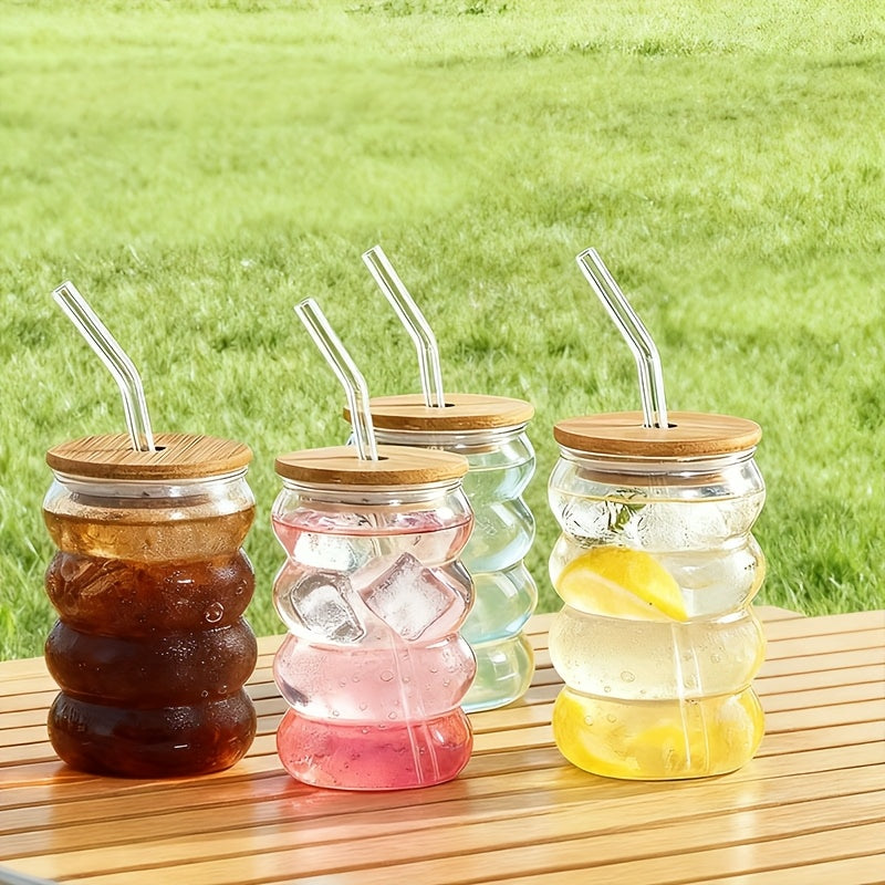 Set of 4 Unique Drinking Glasses Featuring Lids And Glass Straws, Transparent Cocktail Glassware, Wave-Shaped Bubble Cups, Charming Tumblers, Perfect for Iced Coffee, Water, Soda, Tea, And Beer, Great As a Gift - Includes a Cleaning Brush
