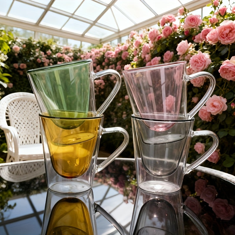 4pcs Set of Four-Color Glass Cups with Handles, Suitable for Sake, Liquor, Iced Coffee, Breakfast Milk, Juice, and Tea, High Borosilicate Glass, Easy to Distinguish for Home and Hospitality Use