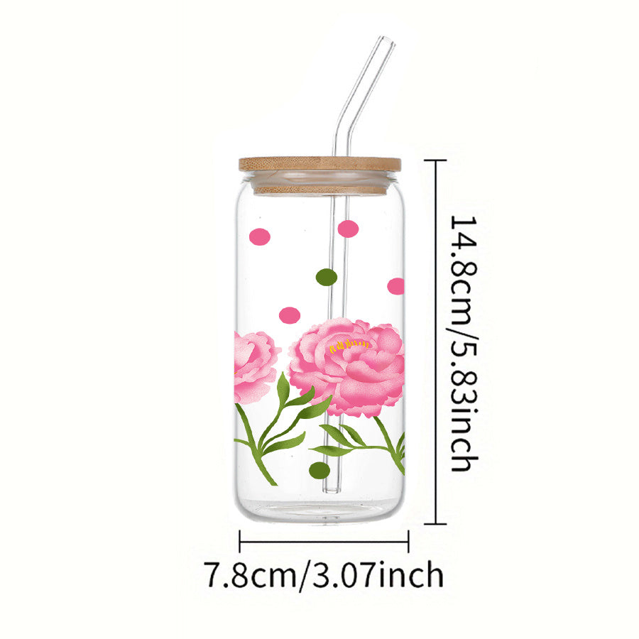 1pc, 16oz Glass Soda Can with Lid and Glass Straw, UV Printing, Pink Peony Flowers, Green Leaves, Colorful Polka Dot Pattern, Glass Coffee Cup Juice Drink Glass Jar, Home Kitchen Party Drinking Utensils, Christmas Gifts Thanksgiving Gifts