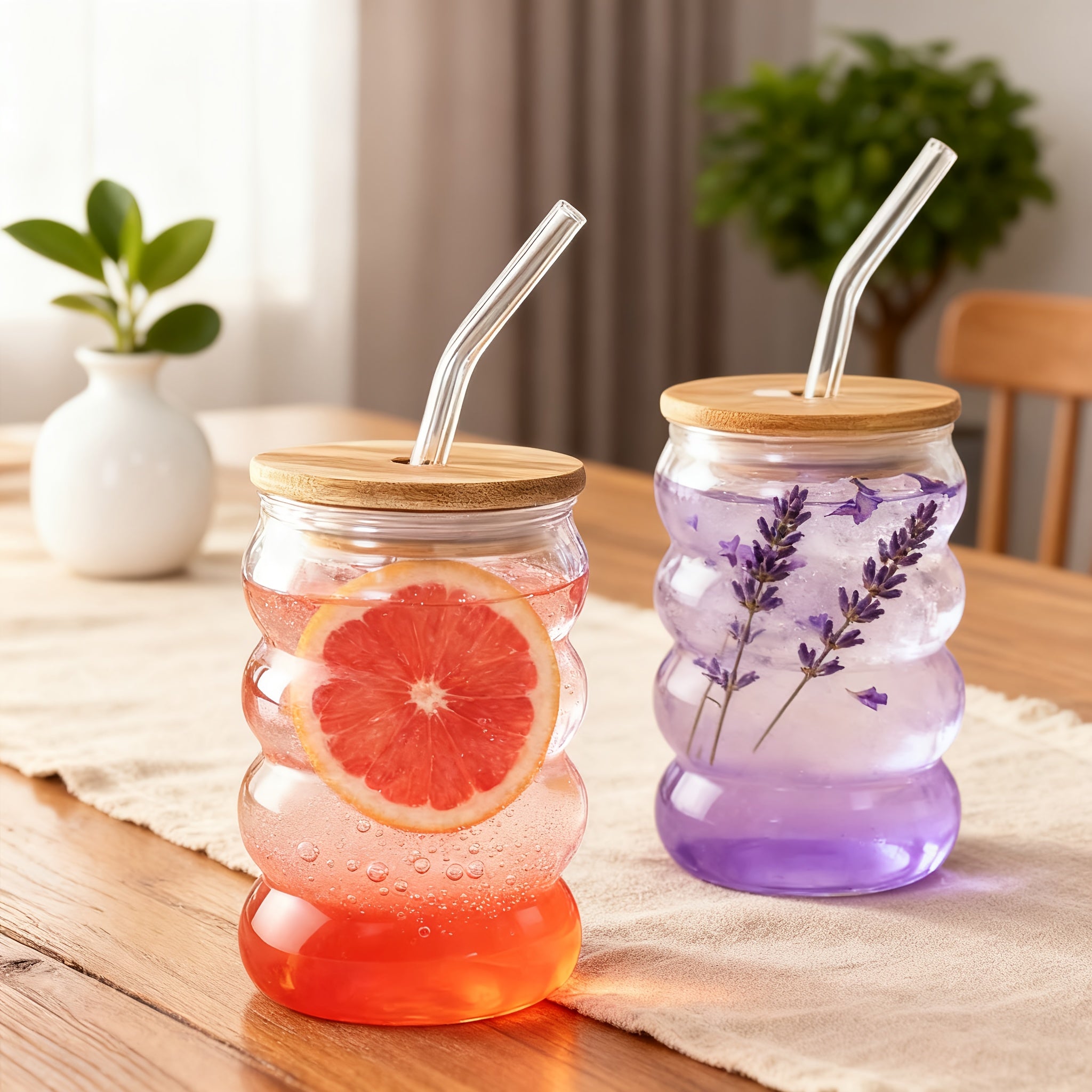 Set of 4 Unique Drinking Glasses Featuring Lids And Glass Straws, Transparent Cocktail Glassware, Wave-Shaped Bubble Cups, Charming Tumblers, Perfect for Iced Coffee, Water, Soda, Tea, And Beer, Great As a Gift - Includes a Cleaning Brush