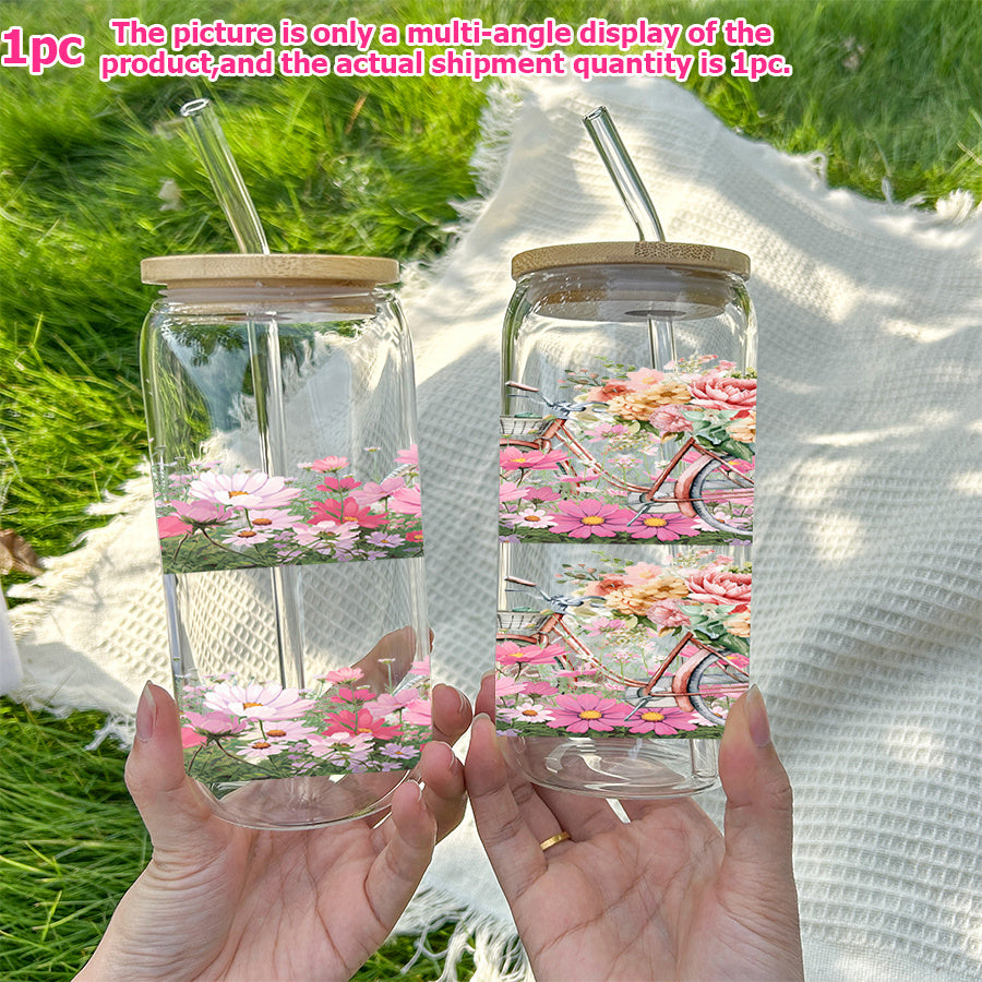 1pc, 16Oz Glass Cup Soda Can with Lid And Glass Straw, UV Printed Floral Design, Bicycle, Pink Pattern, Glass Coffee Cup Juice Drink Jar, Home Kitchen Party Tableware, Christmas Gift Thanksgiving Gift, Holiday Gift New Year Gift