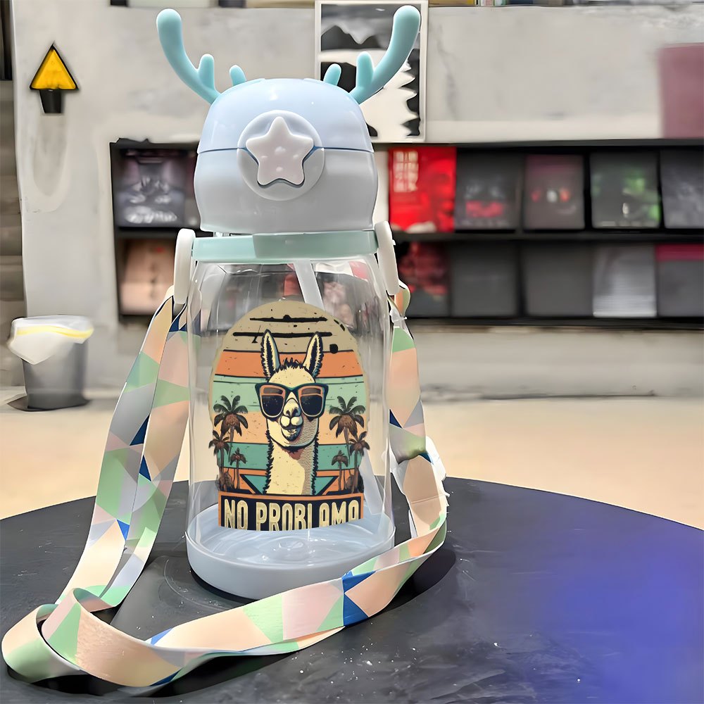 1pc, 20.29oz, Plastic Cup, Ostrich Pattern Wearing Fashion Glasses, Antler Water Cup, Plastic Bouncing Cup, Shoulder Strap, Water Bottle, Suitable for Outdoor, Sports, Fitness, Cycling Water Cup, Portable Straw Cup, Fruit Cup