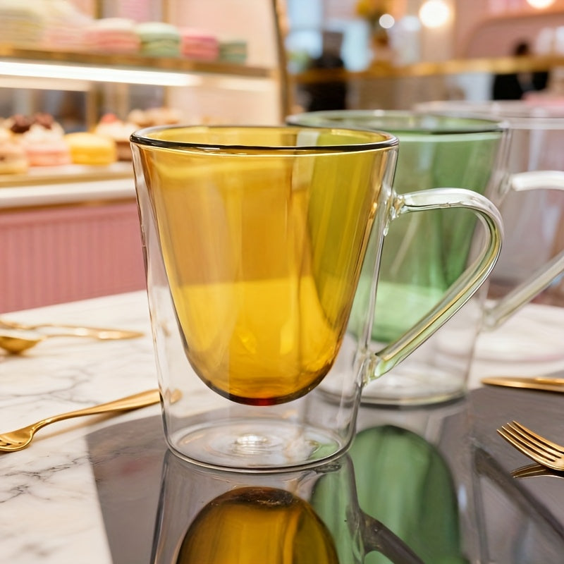 4pcs Set of Four-Color Glass Cups with Handles, Suitable for Sake, Liquor, Iced Coffee, Breakfast Milk, Juice, and Tea, High Borosilicate Glass, Easy to Distinguish for Home and Hospitality Use