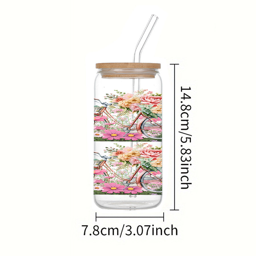 1pc, 16Oz Glass Cup Soda Can with Lid And Glass Straw, UV Printed Floral Design, Bicycle, Pink Pattern, Glass Coffee Cup Juice Drink Jar, Home Kitchen Party Tableware, Christmas Gift Thanksgiving Gift, Holiday Gift New Year Gift
