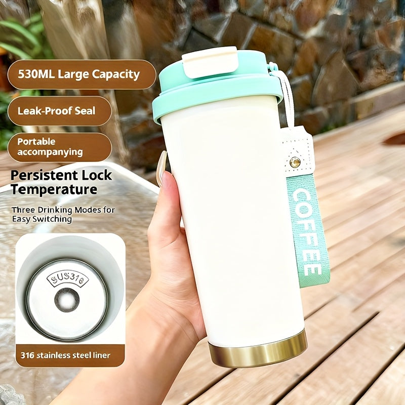Portable Stainless Steel Coffee Mug, Keeps Hot Or Cold, 18Oz Capacity with And Straw, Suitable for Men And Women As A Handheld Water Bottle, Suitable for Gift Giving, Multifunctional, Durable, Unique