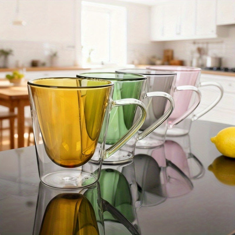 4pcs Set of Four-Color Glass Cups with Handles, Suitable for Sake, Liquor, Iced Coffee, Breakfast Milk, Juice, and Tea, High Borosilicate Glass, Easy to Distinguish for Home and Hospitality Use