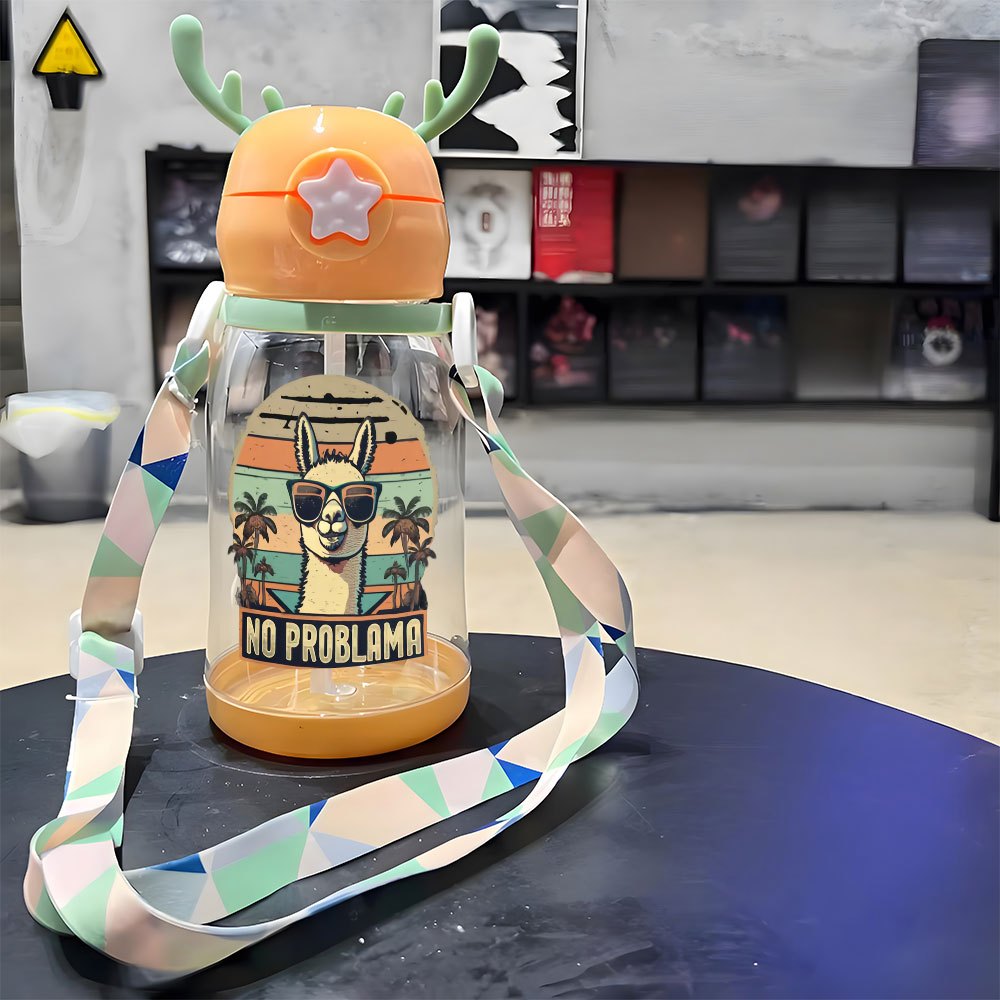 1pc, 20.29oz, Plastic Cup, Ostrich Pattern Wearing Fashion Glasses, Antler Water Cup, Plastic Bouncing Cup, Shoulder Strap, Water Bottle, Suitable for Outdoor, Sports, Fitness, Cycling Water Cup, Portable Straw Cup, Fruit Cup