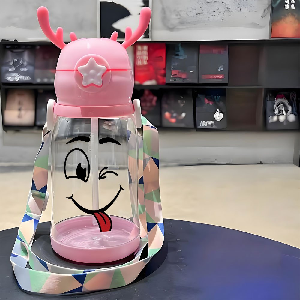 Christmas Thanksgiving 1pc, 20.29oz, Plastic Cup, Featuring a Playful Smiley Face Design, Antler Water Cup, Plastic Bouncing Cup, with Shoulder Strap, Water Bottle, Ideal for Outdoor Activities, Sports, Fitness, Cycling, Portable Straw Cup, Fruit Cup