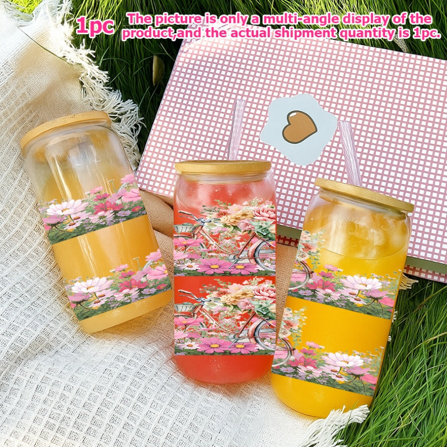 1pc, 16Oz Glass Cup Soda Can with Lid And Glass Straw, UV Printed Floral Design, Bicycle, Pink Pattern, Glass Coffee Cup Juice Drink Jar, Home Kitchen Party Tableware, Christmas Gift Thanksgiving Gift, Holiday Gift New Year Gift