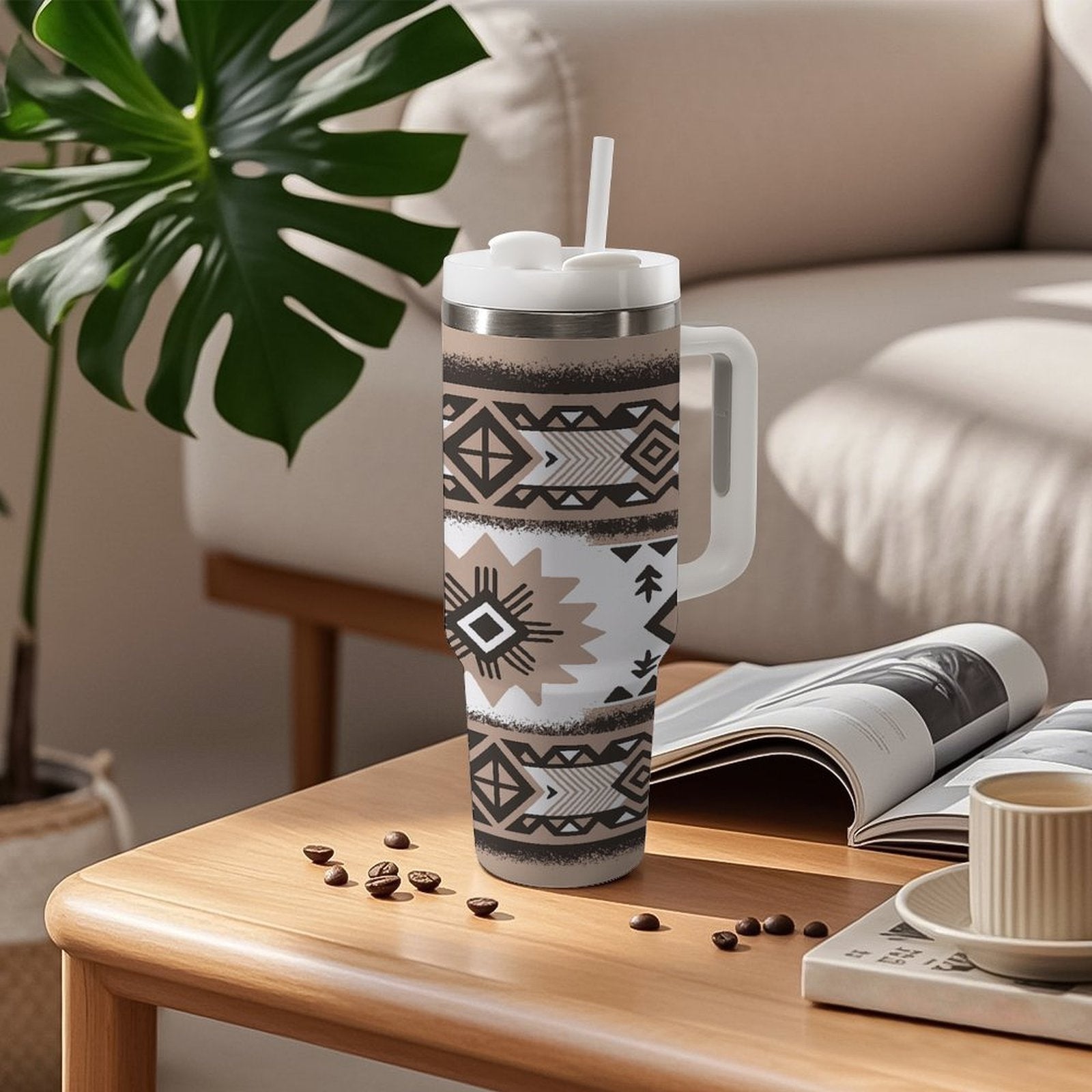 Native Pattern Design Designed 40oz Cup with Straw Stainless Steel Tumbler with Handle, Fashionable Insulated Tumbler Water Bottle, 40oz Large Cup Mug Coffee Travel Mug Car Cup for Gift Home Car Outdoor Travel Fitness Gym Office