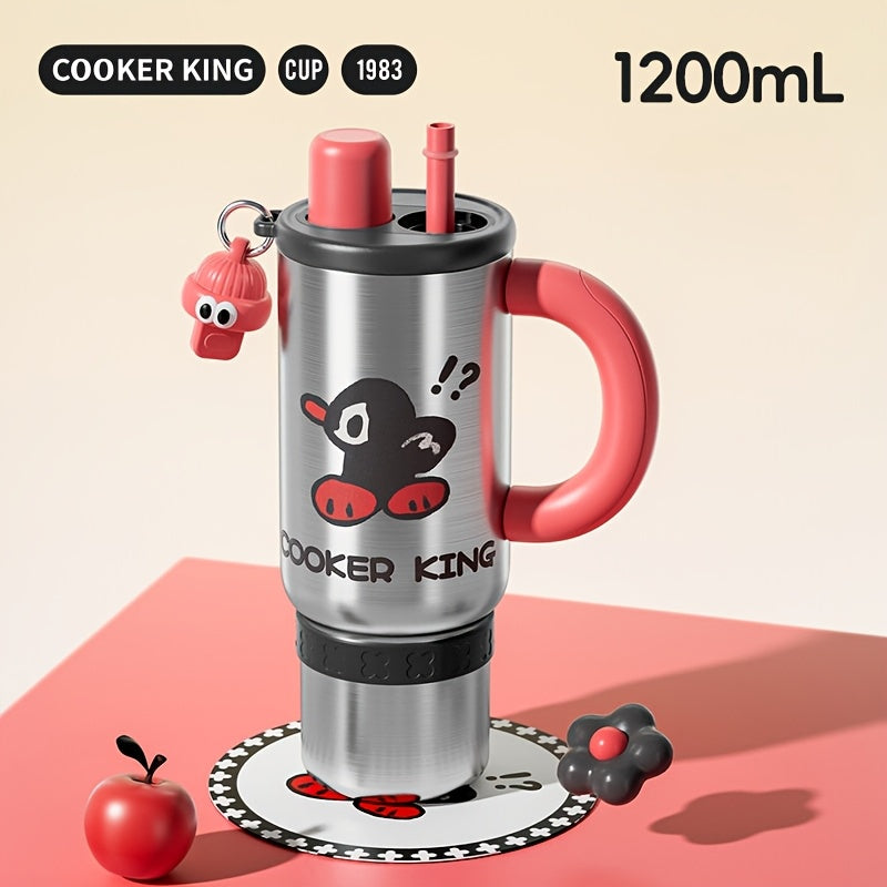 COOKER KING 1200Ml Insulated Cup Featuring a Handle & Straw, 40Oz 316 Stainless Steel Insulated Water Container, Dual Sip Leak-Resistant Travel Mug with Removable Tea Infuser, Adorable Cartoon Style