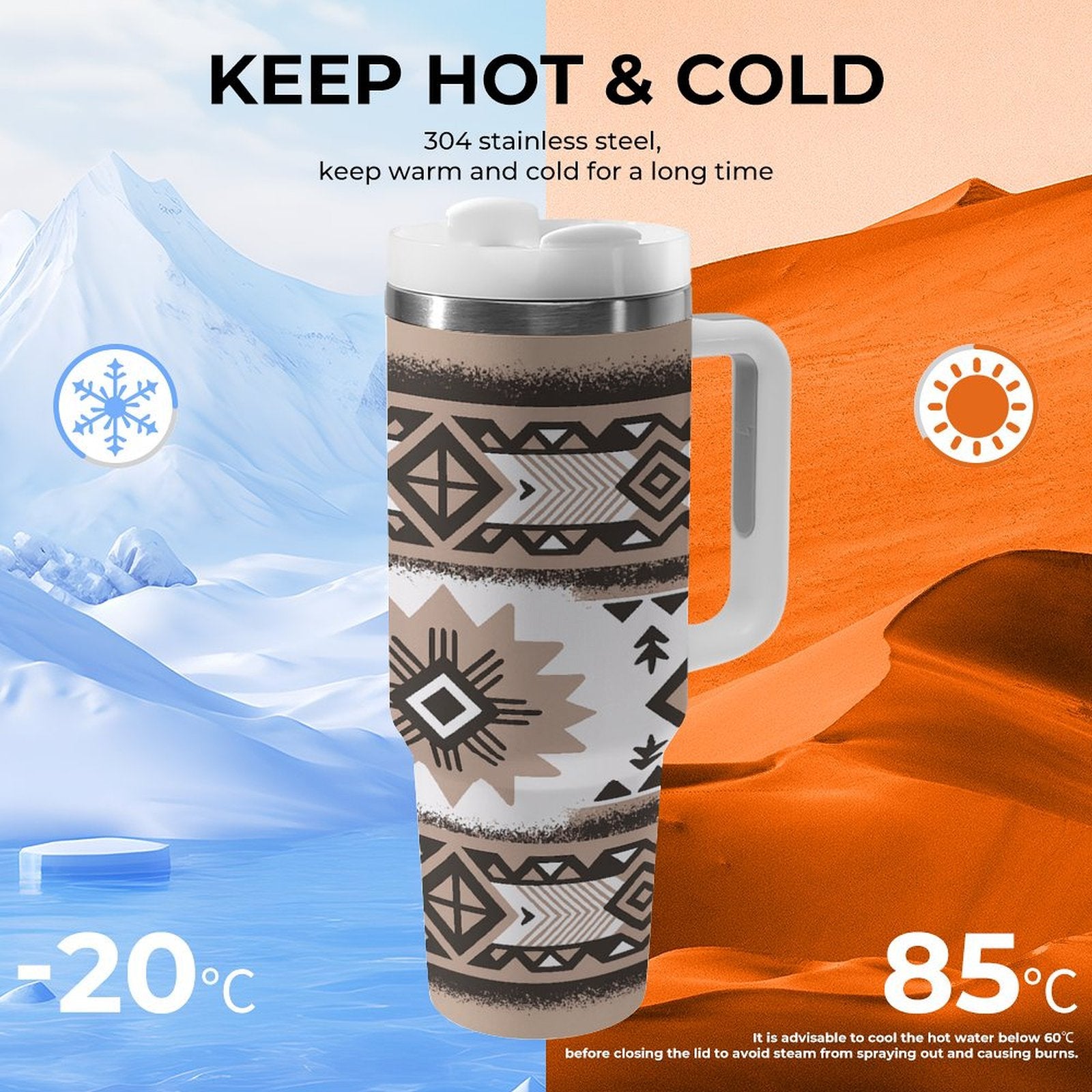 Native Pattern Design Designed 40oz Cup with Straw Stainless Steel Tumbler with Handle, Fashionable Insulated Tumbler Water Bottle, 40oz Large Cup Mug Coffee Travel Mug Car Cup for Gift Home Car Outdoor Travel Fitness Gym Office