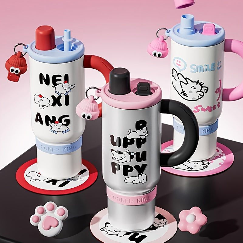 COOKER KING 1200Ml Insulated Cup Featuring a Handle & Straw, 40Oz 316 Stainless Steel Insulated Water Container, Dual Sip Leak-Resistant Travel Mug with Removable Tea Infuser, Adorable Cartoon Style