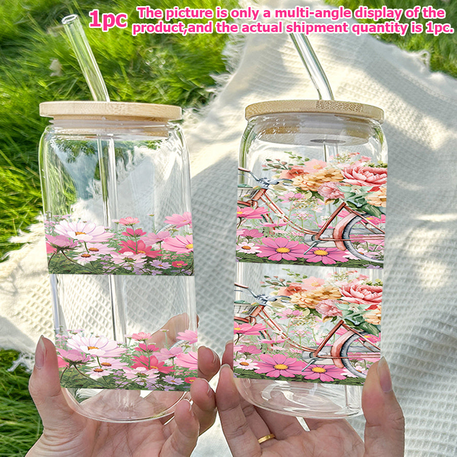 1pc, 16Oz Glass Cup Soda Can with Lid And Glass Straw, UV Printed Floral Design, Bicycle, Pink Pattern, Glass Coffee Cup Juice Drink Jar, Home Kitchen Party Tableware, Christmas Gift Thanksgiving Gift, Holiday Gift New Year Gift