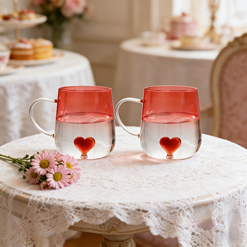 2pcs Red Gradient Mug Set with Rim & Built-In Heart Design - Suitable for Coffee, Juice, Milk, Sparkling Water Cups - Heat\u002FCold Resistant for Home, Restaurants, Bars - Valentine's Gift for, Daily Use (No Lip Contact)