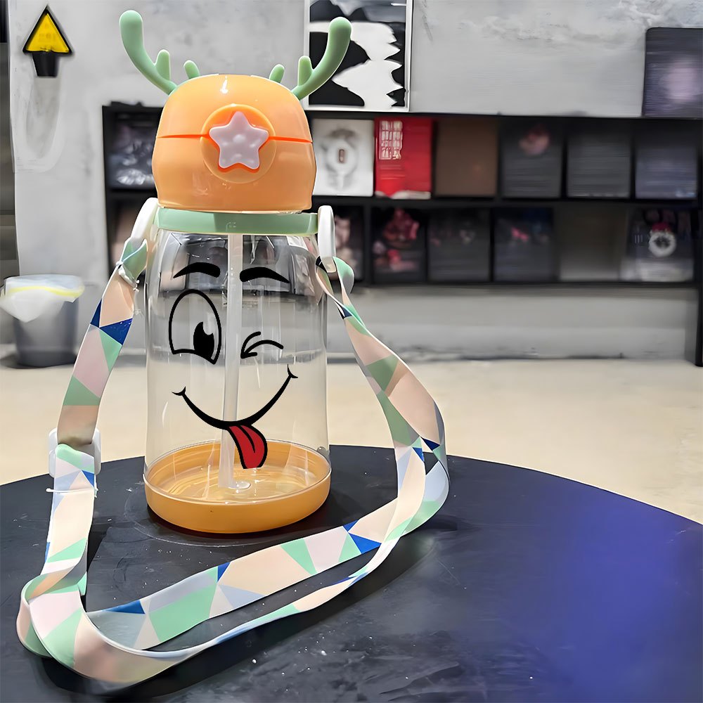 Christmas Thanksgiving 1pc, 20.29oz, Plastic Cup, Featuring a Playful Smiley Face Design, Antler Water Cup, Plastic Bouncing Cup, with Shoulder Strap, Water Bottle, Ideal for Outdoor Activities, Sports, Fitness, Cycling, Portable Straw Cup, Fruit Cup