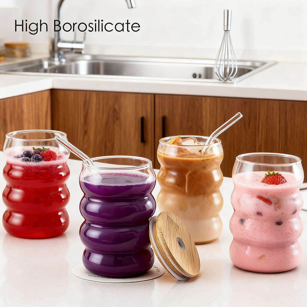 Set of 4 Unique Drinking Glasses Featuring Lids And Glass Straws, Transparent Cocktail Glassware, Wave-Shaped Bubble Cups, Charming Tumblers, Perfect for Iced Coffee, Water, Soda, Tea, And Beer, Great As a Gift - Includes a Cleaning Brush