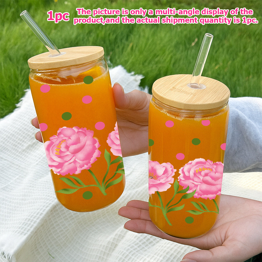 1pc, 16oz Glass Soda Can with Lid and Glass Straw, UV Printing, Pink Peony Flowers, Green Leaves, Colorful Polka Dot Pattern, Glass Coffee Cup Juice Drink Glass Jar, Home Kitchen Party Drinking Utensils, Christmas Gifts Thanksgiving Gifts
