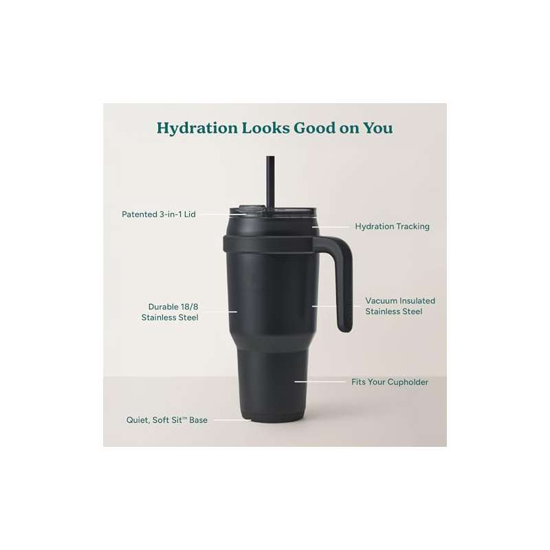 40 oz Stainless Steel Tumbler with Handle | Dual-Wall Vacuum Insulated Travel Mug, Sweat-Proof Lid, Reusable Straw, Keeps Drinks Cold for 24 Hrs, Fits Cupholders, Dishwasher Safe - Phantom