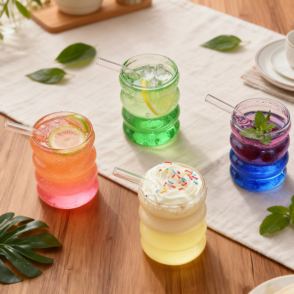 Set of 4 Unique Drinking Glasses Featuring Lids And Glass Straws, Transparent Cocktail Glassware, Wave-Shaped Bubble Cups, Charming Tumblers, Perfect for Iced Coffee, Water, Soda, Tea, And Beer, Great As a Gift - Includes a Cleaning Brush