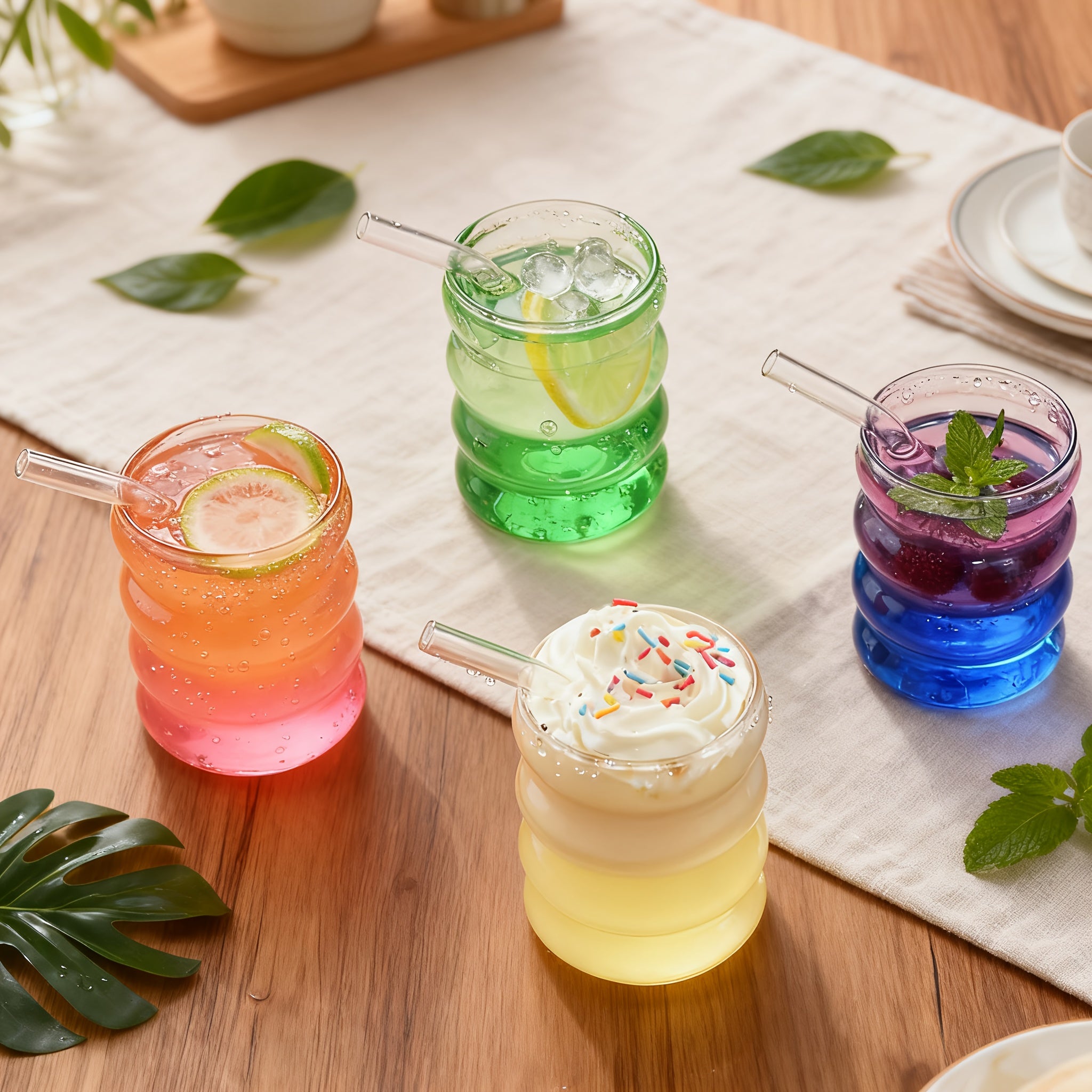 Set of 4 Unique Drinking Glasses Featuring Lids And Glass Straws, Transparent Cocktail Glassware, Wave-Shaped Bubble Cups, Charming Tumblers, Perfect for Iced Coffee, Water, Soda, Tea, And Beer, Great As a Gift - Includes a Cleaning Brush