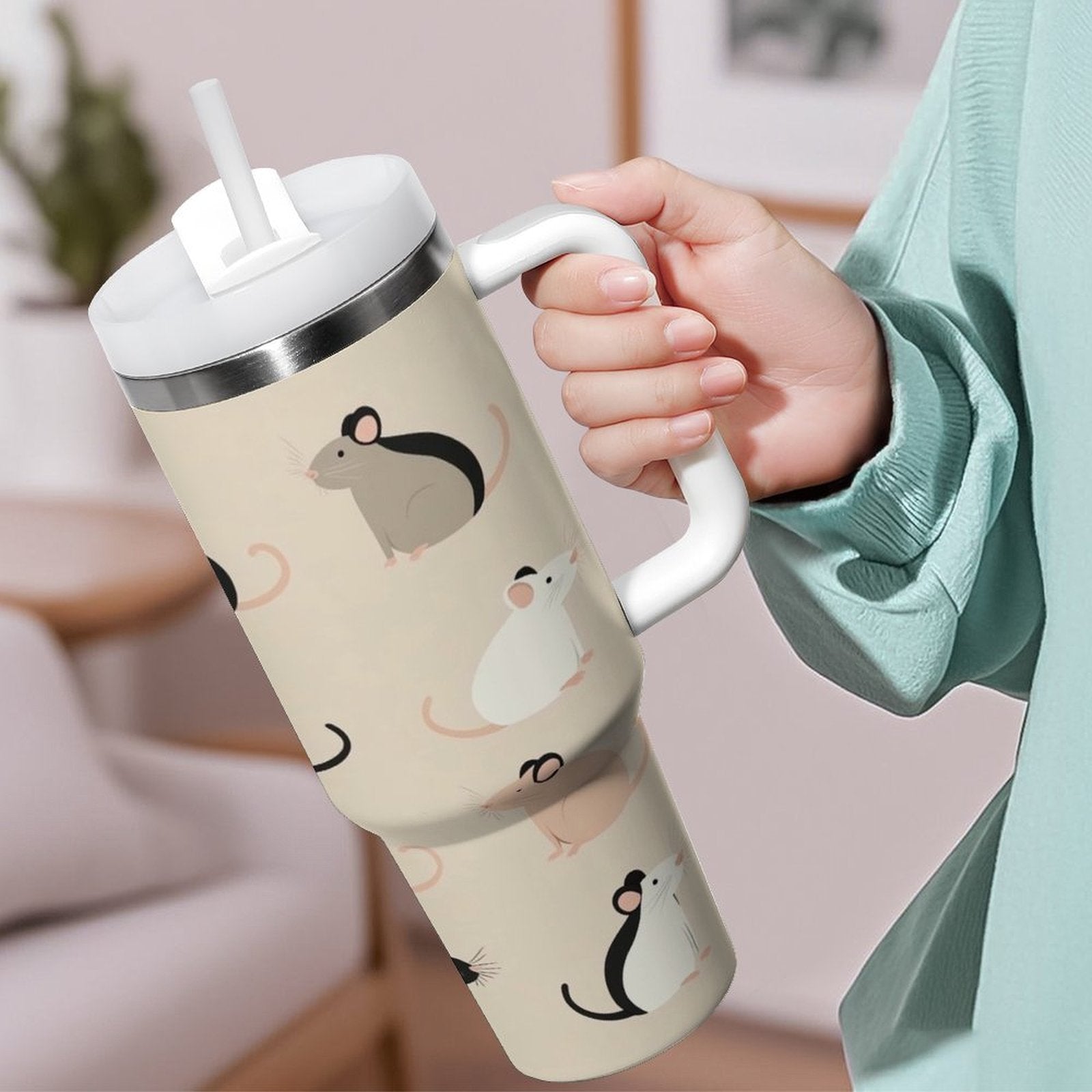 Rats And Mice Collection Themed 40oz Cup with Straw Stainless Steel Tumbler with Handle, Trendy High-quality Insulated Tumbler Water Bottle, 40oz Large Cup Mug Coffee Travel Mug Car Cup for Gift Home Car Outdoor Travel Fitness Gym Office
