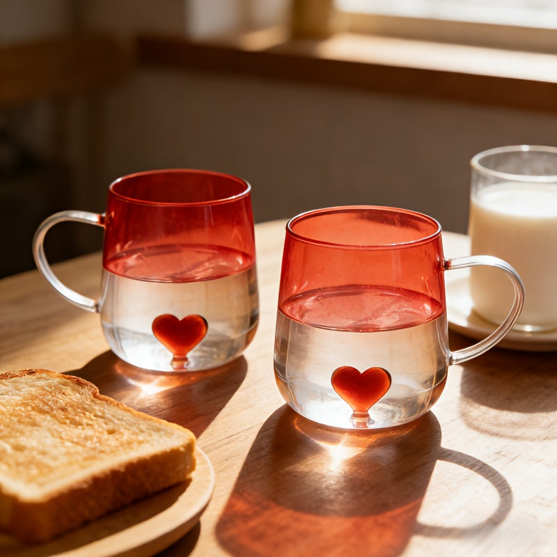 2pcs Red Gradient Mug Set with Rim & Built-In Heart Design - Suitable for Coffee, Juice, Milk, Sparkling Water Cups - Heat\u002FCold Resistant for Home, Restaurants, Bars - Valentine's Gift for, Daily Use (No Lip Contact)