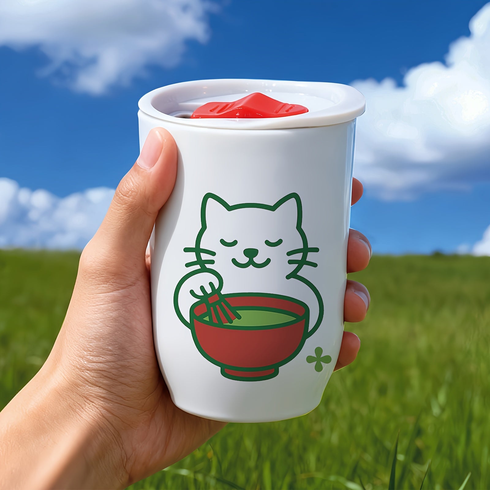 Single-Pack Water Cup, 12oz Plastic Eggshell Cup, White Cat Focused on Matcha Expression Water Cup, with Lid, Suitable for All Seasons, Plastic Material, Suitable for Office, Outdoor Sports, and Multiple Occasions, the Best Halloween and Christmas