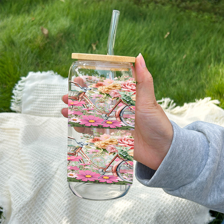 1pc, 16Oz Glass Cup Soda Can with Lid And Glass Straw, UV Printed Floral Design, Bicycle, Pink Pattern, Glass Coffee Cup Juice Drink Jar, Home Kitchen Party Tableware, Christmas Gift Thanksgiving Gift, Holiday Gift New Year Gift