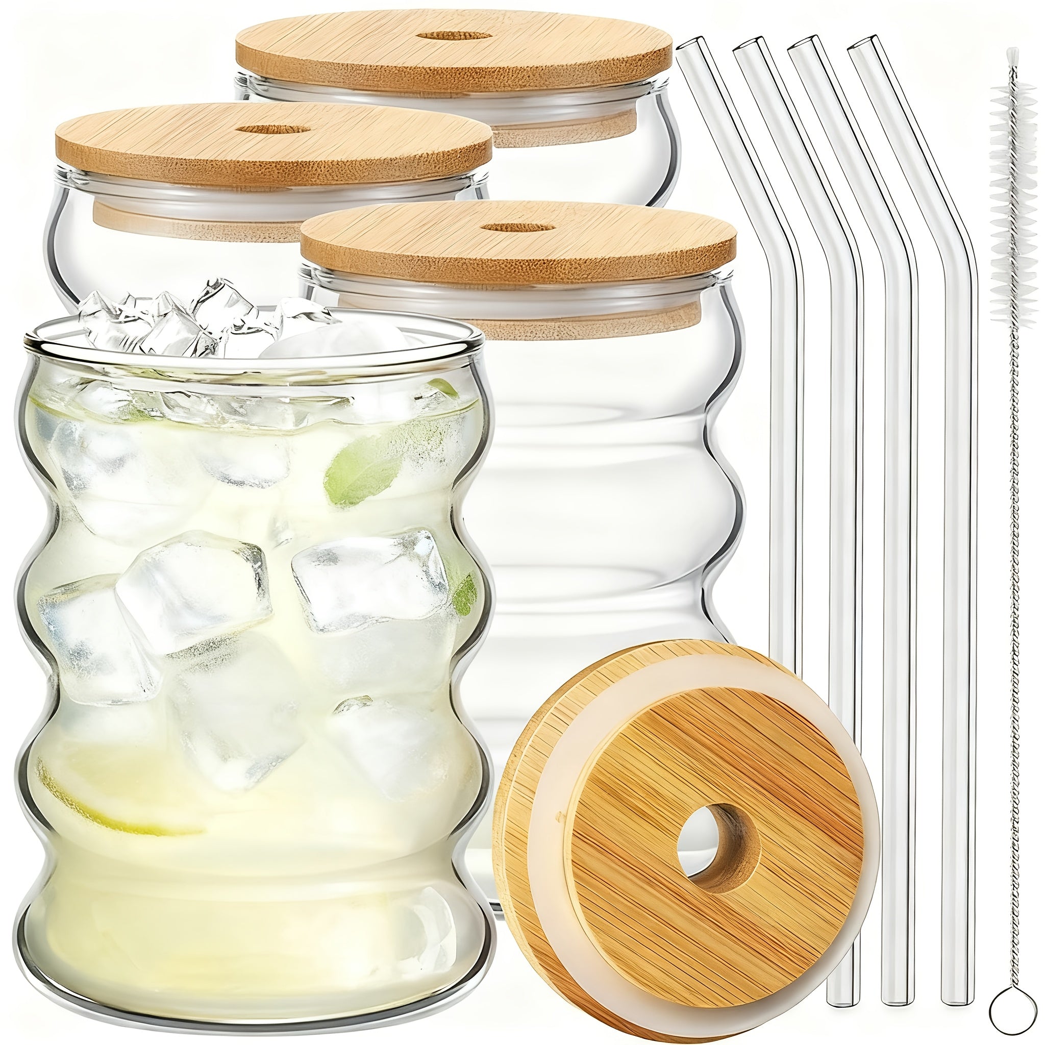 Set of 4 Unique Drinking Glasses Featuring Lids And Glass Straws, Transparent Cocktail Glassware, Wave-Shaped Bubble Cups, Charming Tumblers, Perfect for Iced Coffee, Water, Soda, Tea, And Beer, Great As a Gift - Includes a Cleaning Brush