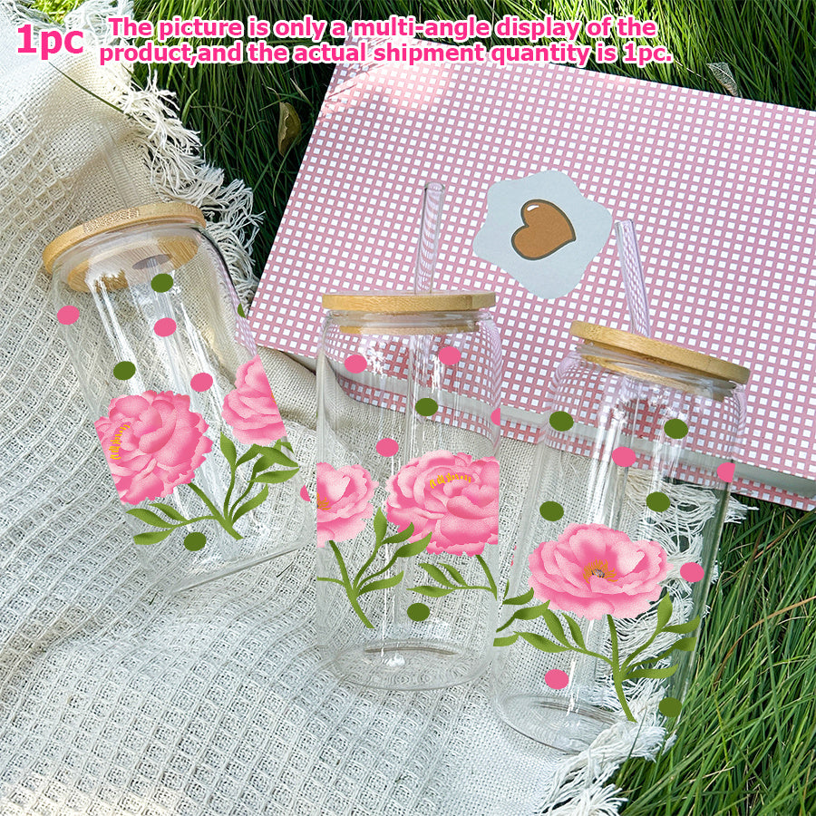 1pc, 16oz Glass Soda Can with Lid and Glass Straw, UV Printing, Pink Peony Flowers, Green Leaves, Colorful Polka Dot Pattern, Glass Coffee Cup Juice Drink Glass Jar, Home Kitchen Party Drinking Utensils, Christmas Gifts Thanksgiving Gifts