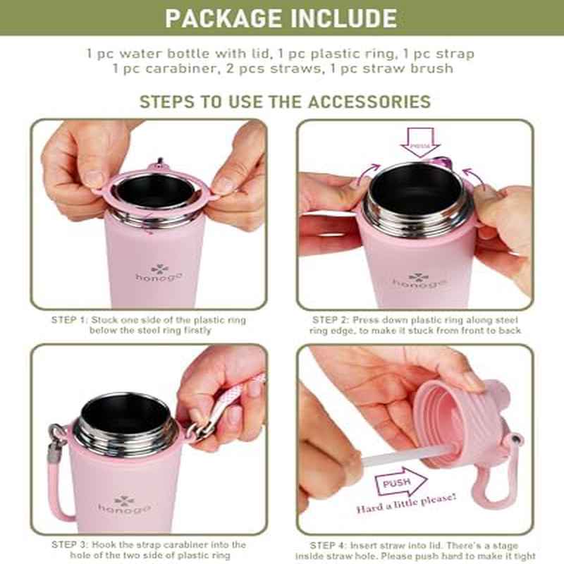 24 oz Insulated Water Bottle | Stainless Steel Tumbler with Shoulder Strap, 2-in-1 Straw Spout Lid, Fashion Flask for Women and, Keeps Cold 24H and Hot 12H, BPA Free, Light Green