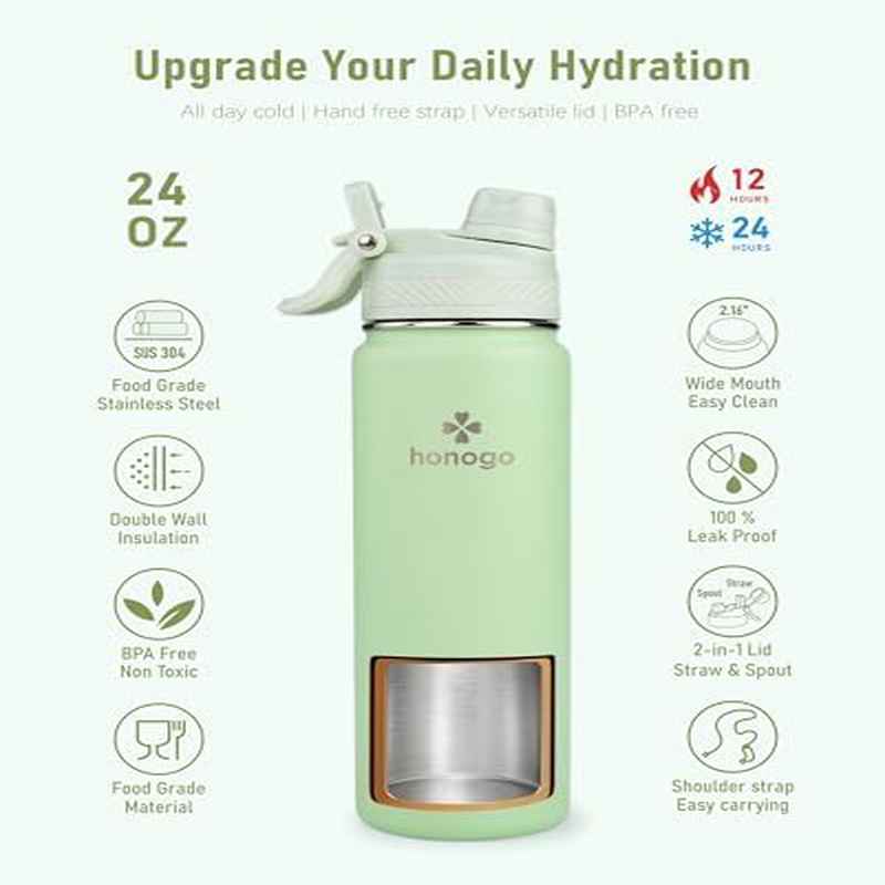 24 oz Insulated Water Bottle | Stainless Steel Tumbler with Shoulder Strap, 2-in-1 Straw Spout Lid, Fashion Flask for Women and, Keeps Cold 24H and Hot 12H, BPA Free, Light Green