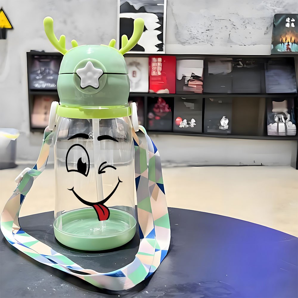 Christmas Thanksgiving 1pc, 20.29oz, Plastic Cup, Featuring a Playful Smiley Face Design, Antler Water Cup, Plastic Bouncing Cup, with Shoulder Strap, Water Bottle, Ideal for Outdoor Activities, Sports, Fitness, Cycling, Portable Straw Cup, Fruit Cup