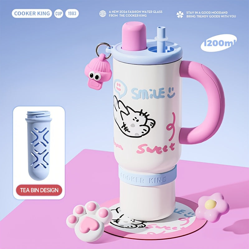 COOKER KING 1200Ml Insulated Cup Featuring a Handle & Straw, 40Oz 316 Stainless Steel Insulated Water Container, Dual Sip Leak-Resistant Travel Mug with Removable Tea Infuser, Adorable Cartoon Style
