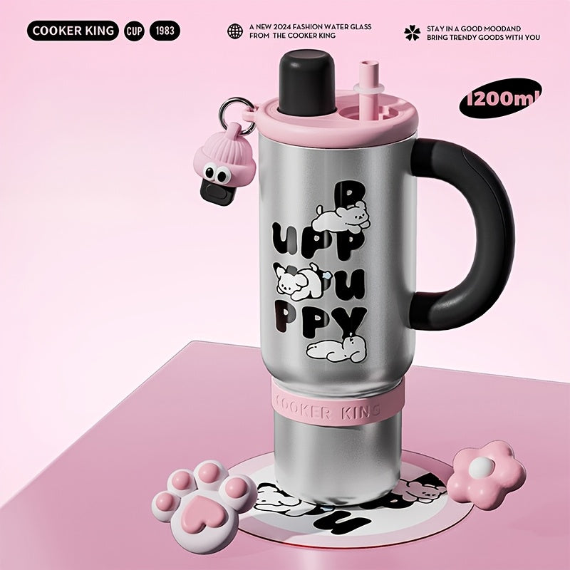COOKER KING 1200Ml Insulated Cup Featuring a Handle & Straw, 40Oz 316 Stainless Steel Insulated Water Container, Dual Sip Leak-Resistant Travel Mug with Removable Tea Infuser, Adorable Cartoon Style