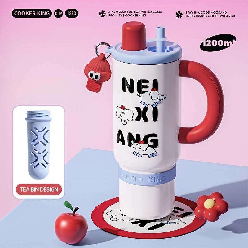 COOKER KING 1200Ml Insulated Cup Featuring a Handle & Straw, 40Oz 316 Stainless Steel Insulated Water Container, Dual Sip Leak-Resistant Travel Mug with Removable Tea Infuser, Adorable Cartoon Style