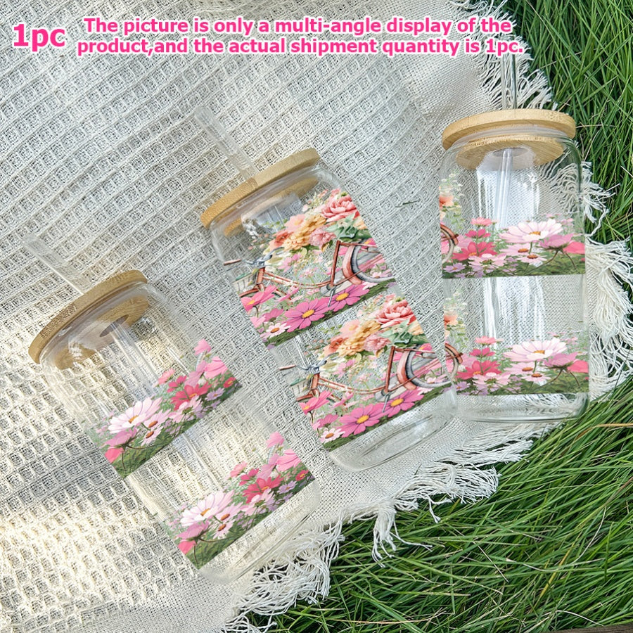 1pc, 16Oz Glass Cup Soda Can with Lid And Glass Straw, UV Printed Floral Design, Bicycle, Pink Pattern, Glass Coffee Cup Juice Drink Jar, Home Kitchen Party Tableware, Christmas Gift Thanksgiving Gift, Holiday Gift New Year Gift