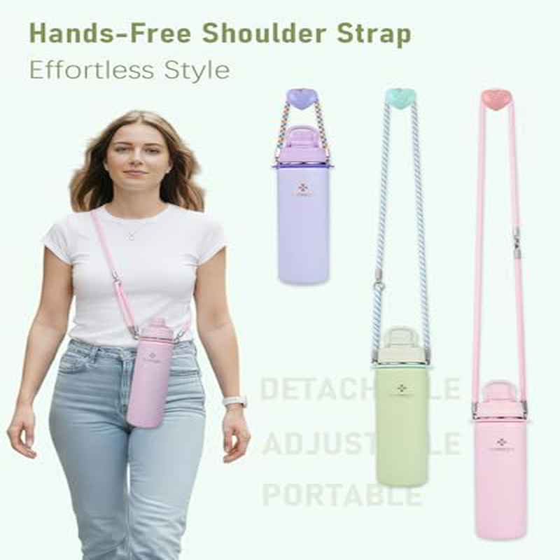 24 oz Insulated Water Bottle | Stainless Steel Tumbler with Shoulder Strap, 2-in-1 Straw Spout Lid, Fashion Flask for Women and, Keeps Cold 24H and Hot 12H, BPA Free, Light Green