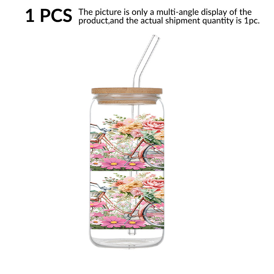 1pc, 16Oz Glass Cup Soda Can with Lid And Glass Straw, UV Printed Floral Design, Bicycle, Pink Pattern, Glass Coffee Cup Juice Drink Jar, Home Kitchen Party Tableware, Christmas Gift Thanksgiving Gift, Holiday Gift New Year Gift