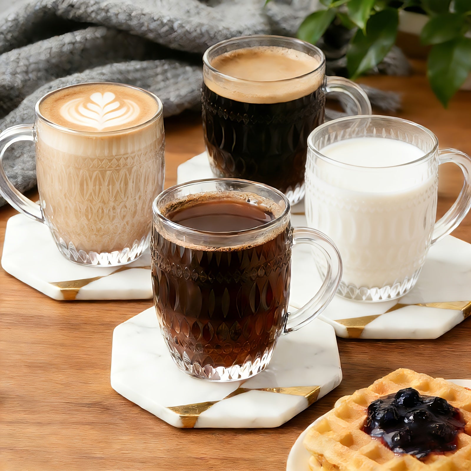 4pcs Aesthetic Textured Glass Coffee Mugs | Heat-Resistant, with Handle | Perfect for Latte, Cappuccino & Hot Chocolate | Reusable, Freezer Safe | Ideal for Home, Office, Daily Use & Couples Gift | Hand Wash Only