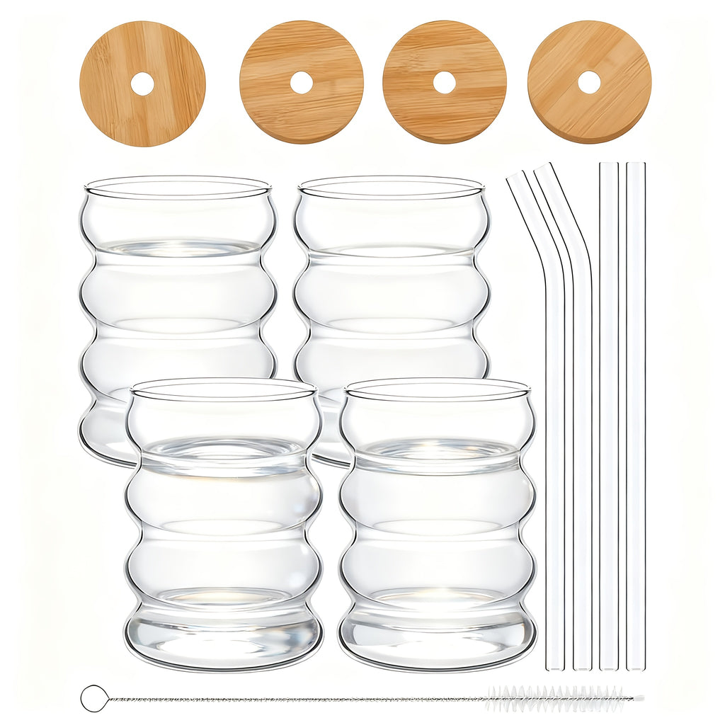 Set of 4 Unique Drinking Glasses Featuring Lids And Glass Straws, Transparent Cocktail Glassware, Wave-Shaped Bubble Cups, Charming Tumblers, Perfect for Iced Coffee, Water, Soda, Tea, And Beer, Great As a Gift - Includes a Cleaning Brush
